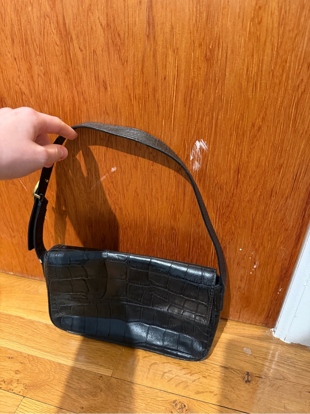 Staud Black Croc-Embossed Shoulder Bag